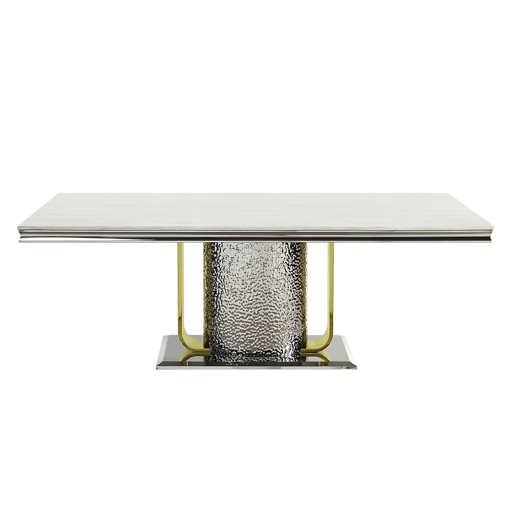 ACME - Fadri Dining Table with Engineering Stone Top & Pedestal Base in Engineered Stone Top/Mirrored Silver/Gold