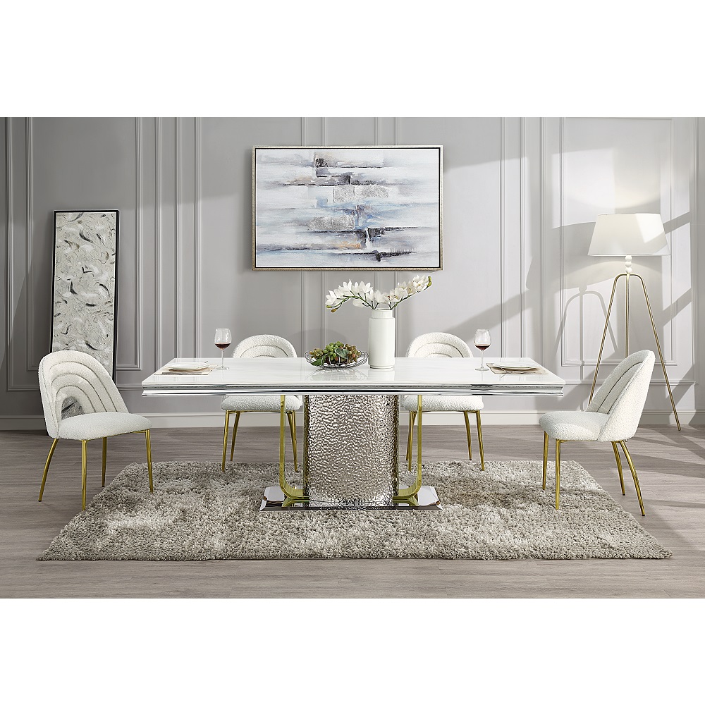 ACME - Fadri Dining Table with Engineering Stone Top & Pedestal Base in Engineered Stone Top/Mirrored Silver/Gold