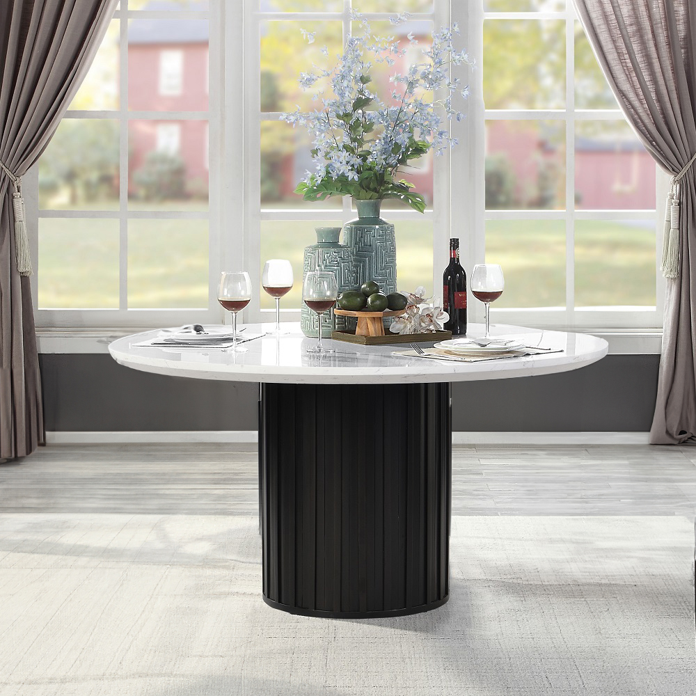 ACME - Jaramillo Round Dining Table with Engineered Marble Top in Engineered Marble Top/Black