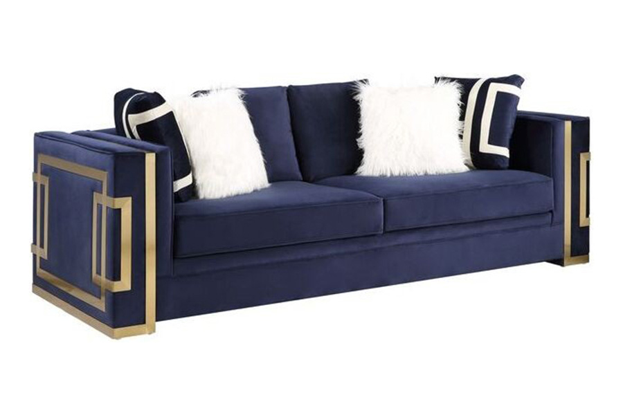 ACME - Virrux Sofa with 6 Pillows in Blue/Gold