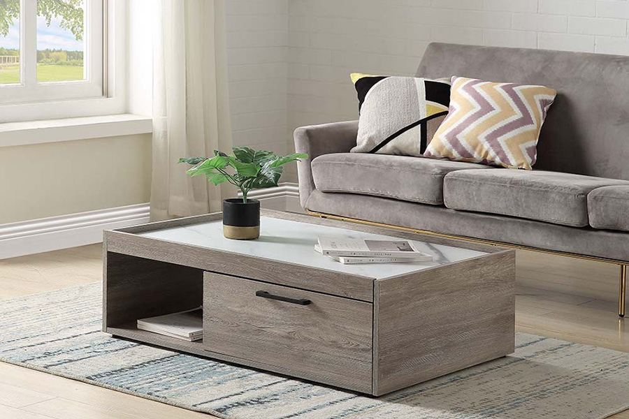 ACME - Walden Coffee Table in Faux Marble Top/Gray Oak