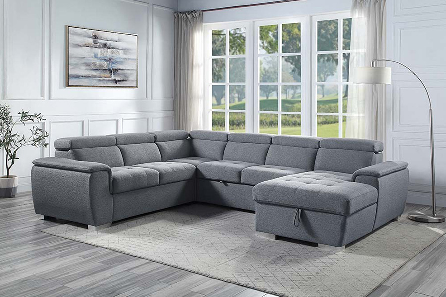 ACME - Hanley Sectional Sofa with Sleeper & Storage in Gray