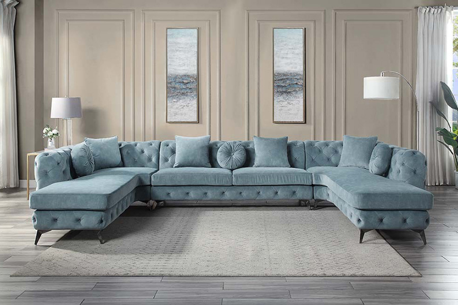 ACME - Zerah Sectional Sofa with 7 Pillows in Dusty Blue