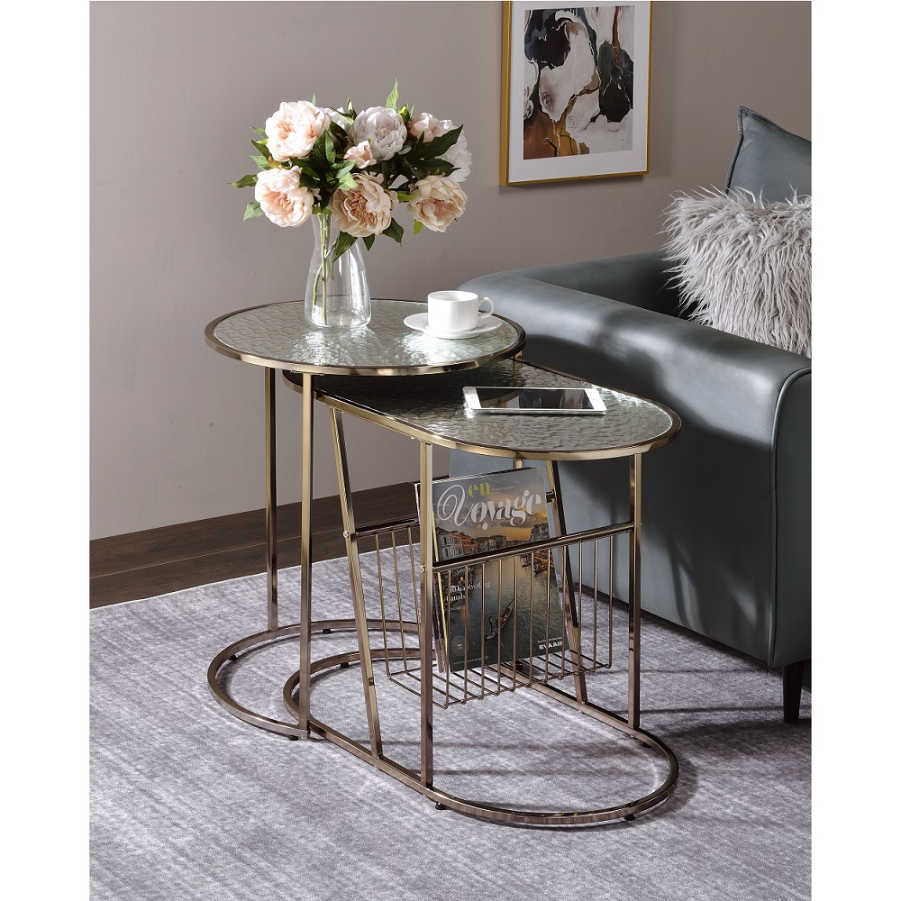 ACME - Kesha Nesting Table Set in Patterned Mirror Glass/Gold