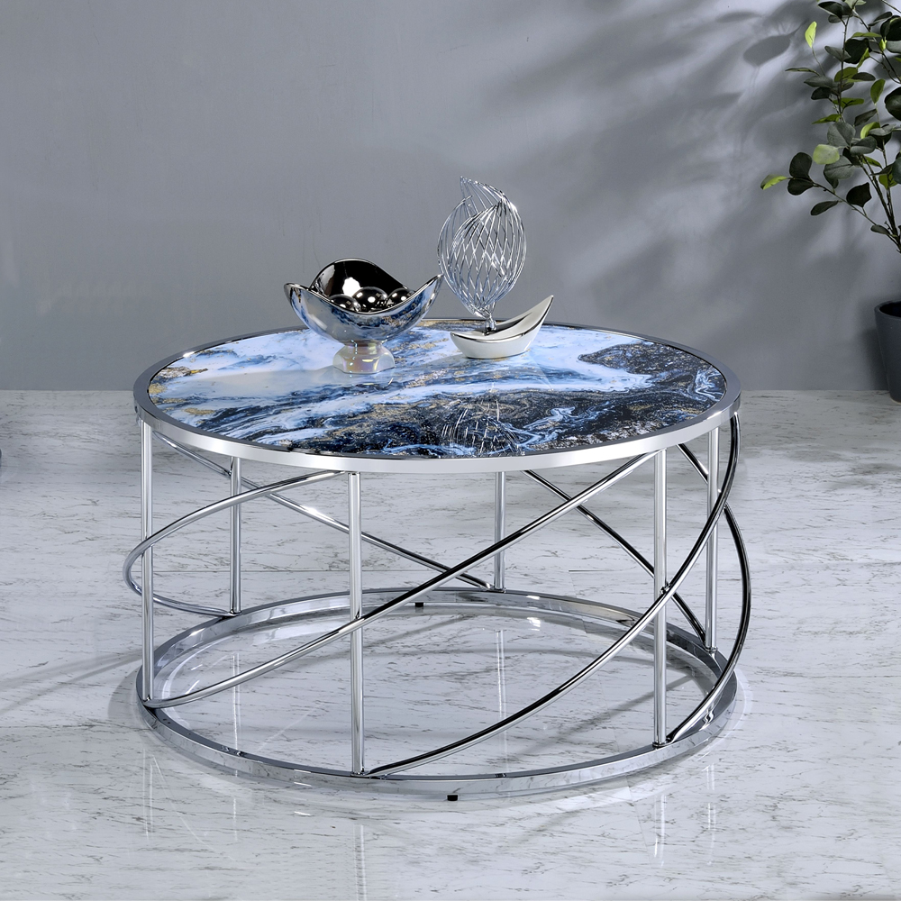 ACME - Lyda Coffee Table in Blue Marble Print/Chrome