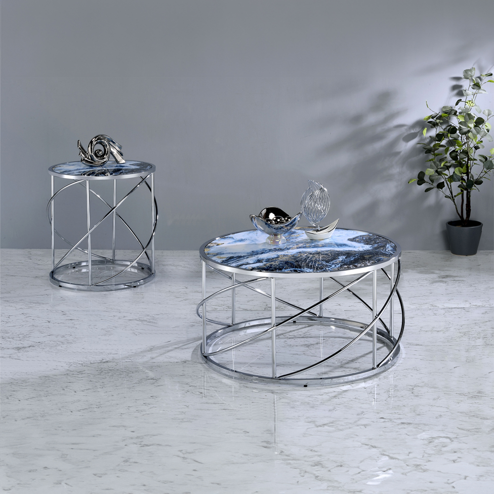 ACME - Lyda Coffee Table in Blue Marble Print/Chrome