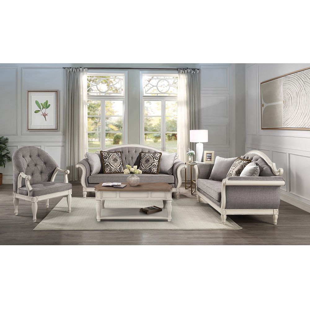 ACME - Florian Sofa with 4 Pillows in Gray Antique White