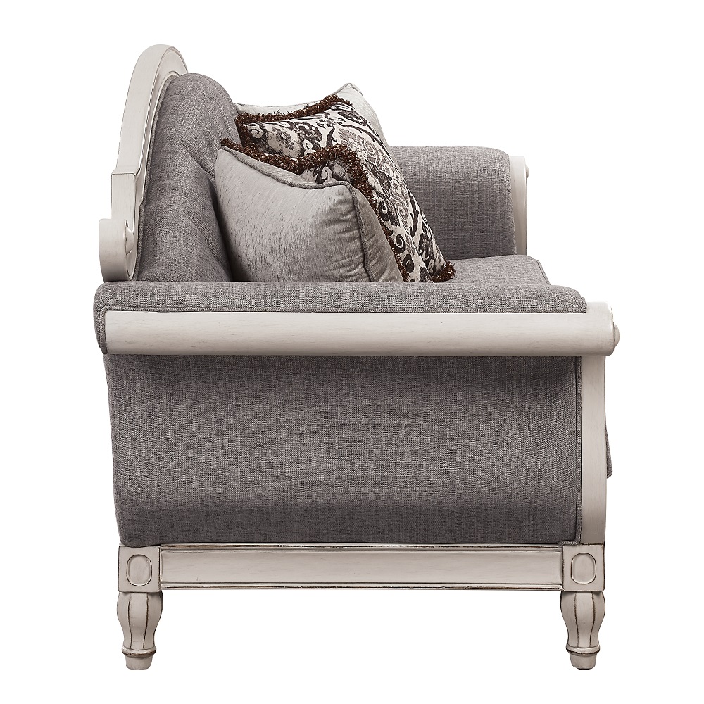 ACME - Florian Sofa with 4 Pillows in Gray Antique White