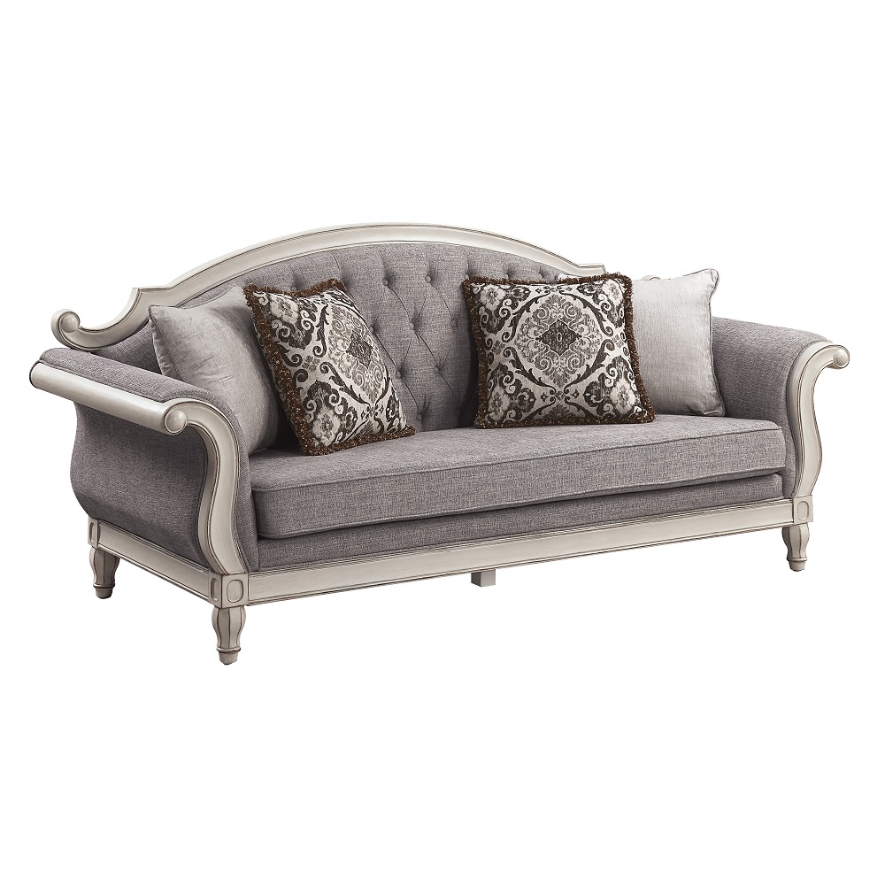 ACME - Florian Sofa with 4 Pillows in Gray Antique White