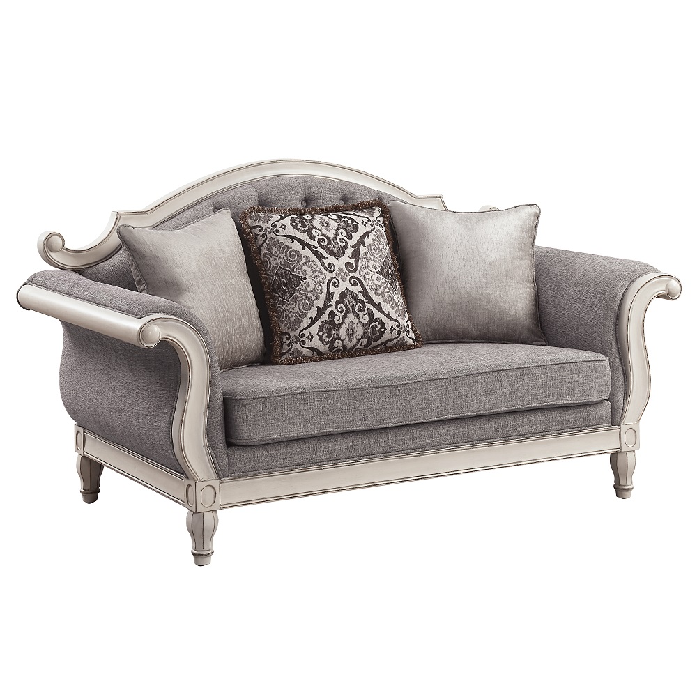 ACME - Florian Loveseat with 3 Pillows in Gray Antique White