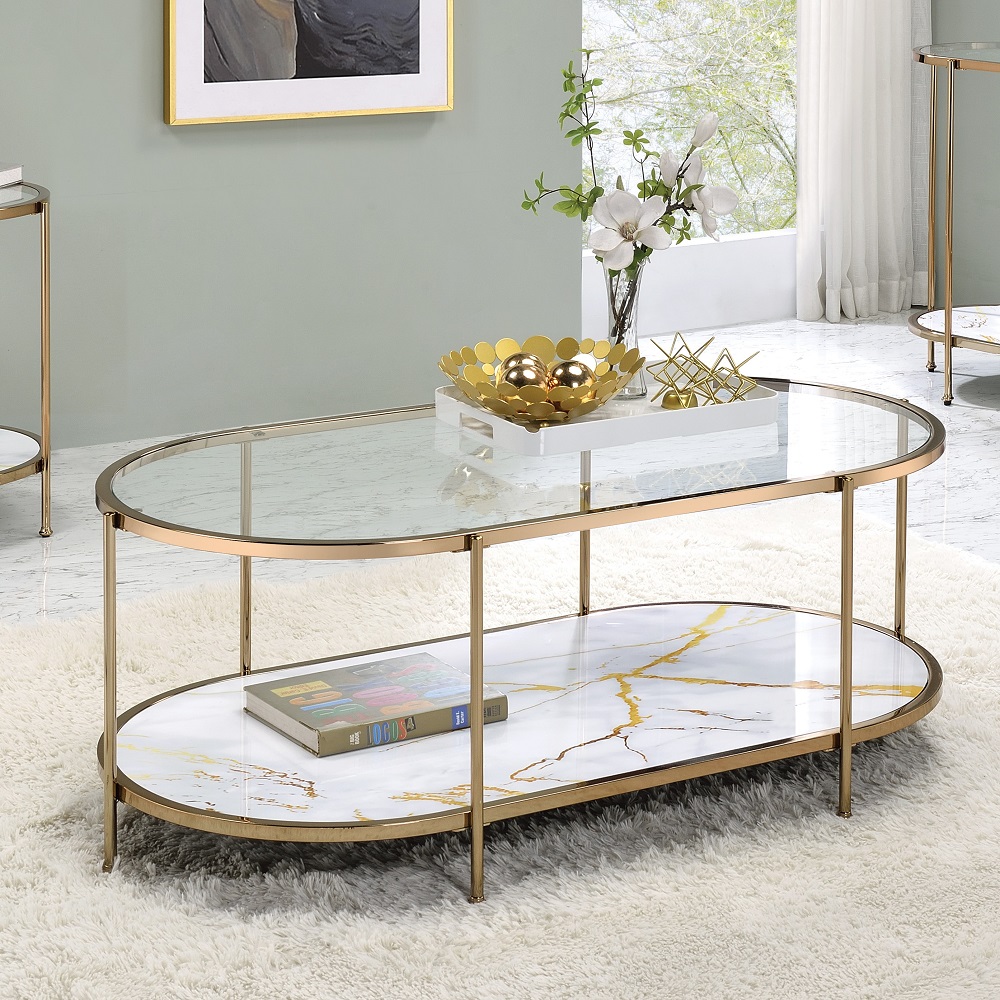 ACME Fiorella Coffee Table - White Marble Paint/Champagne