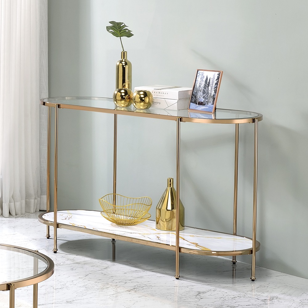 ACME Fiorella Sofa Table - White Marble Paint/Champagne