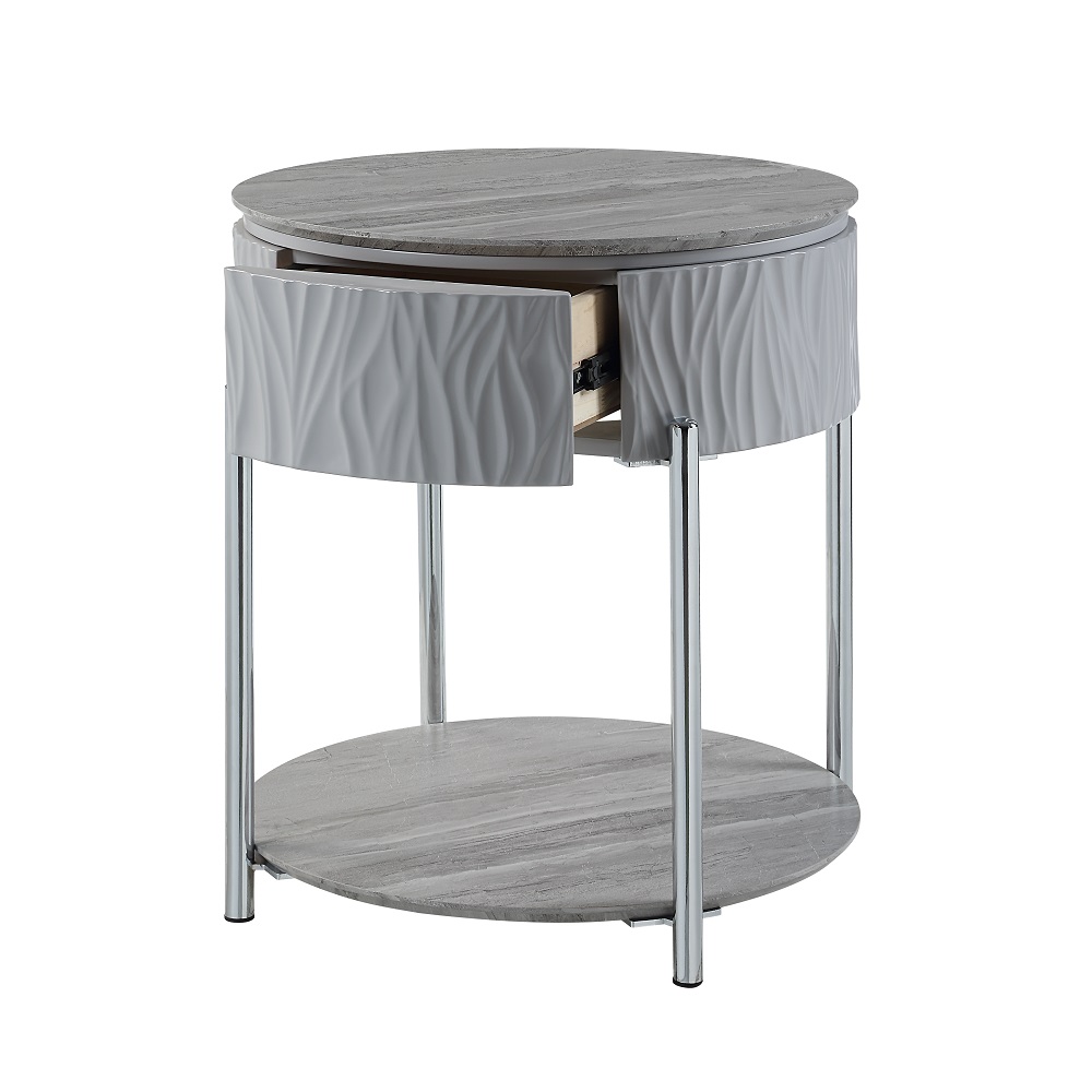 ACME - Yukino End Table in Gray High Gloss/Chrome