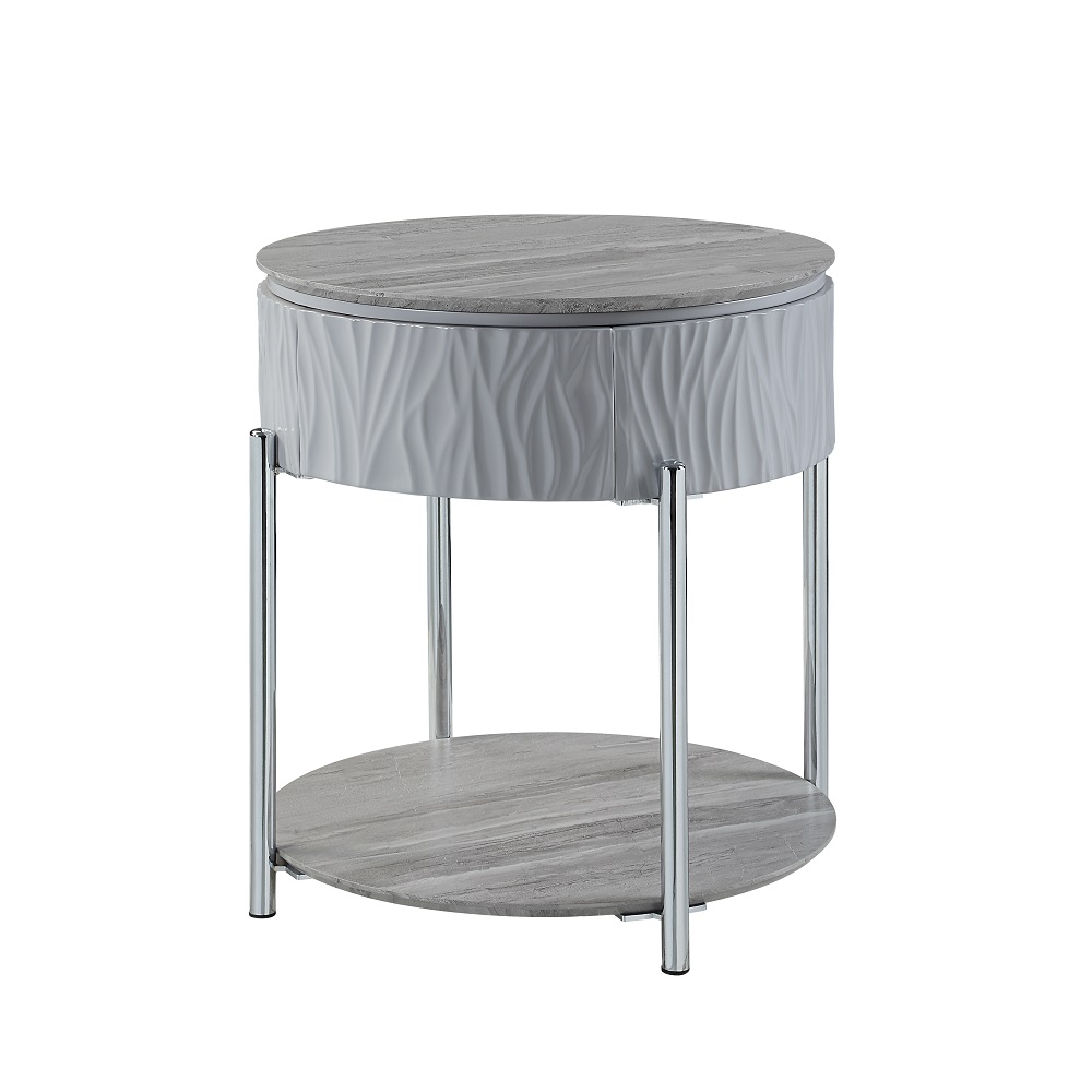 ACME - Yukino End Table in Gray High Gloss/Chrome