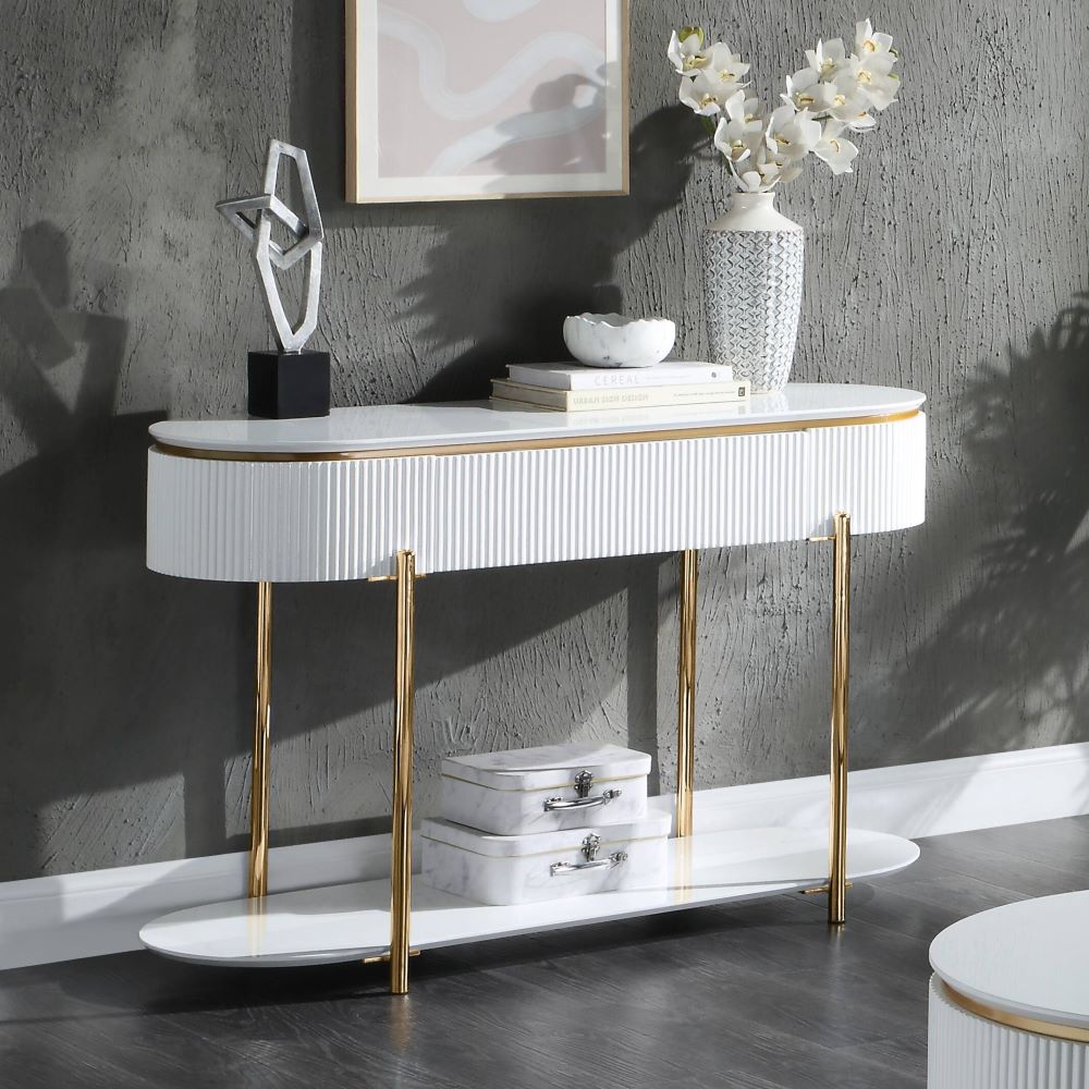 ACME - Daveigh Sofa Table in White High Gloss/Gold