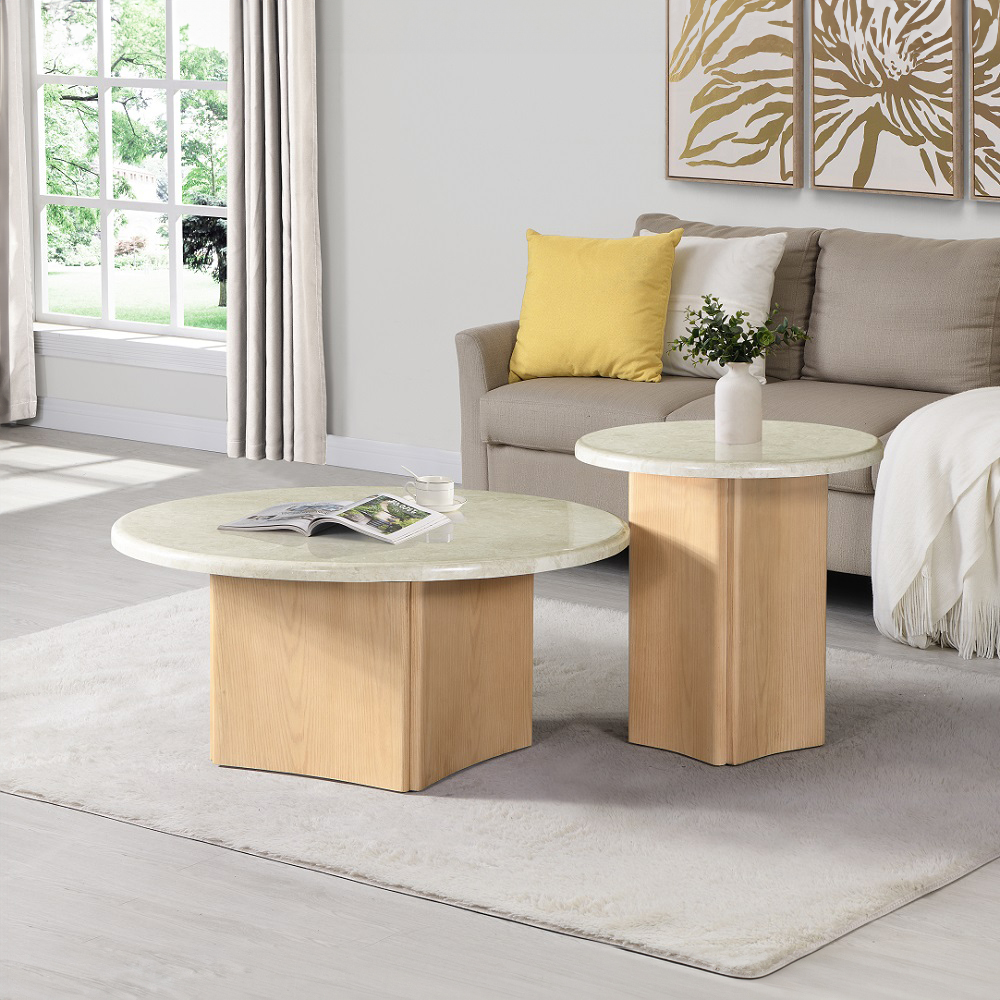 ACME - Qwin Coffee Table with Marble Top in Marble Top/Oak