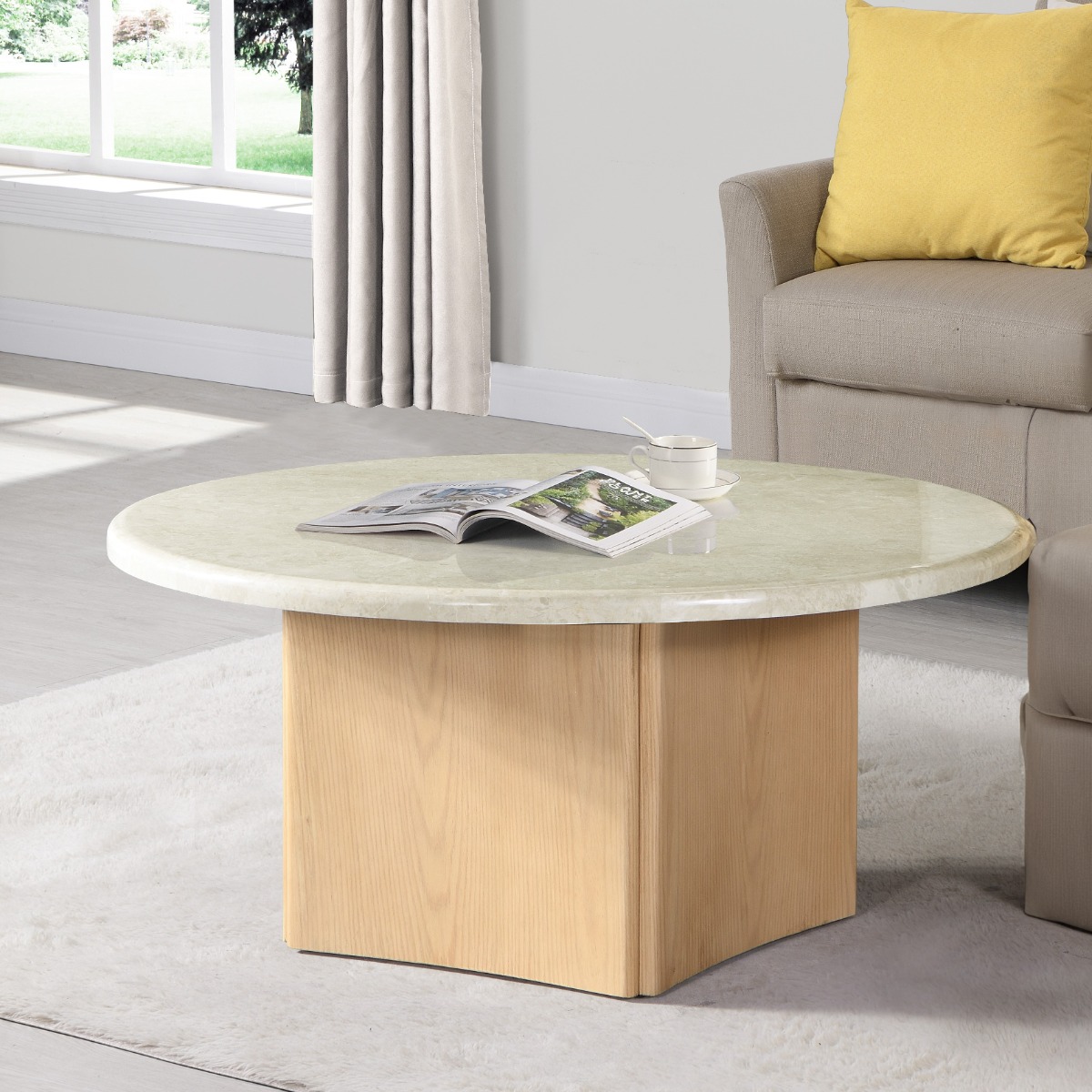 ACME - Qwin Coffee Table with Marble Top in Marble Top/Oak