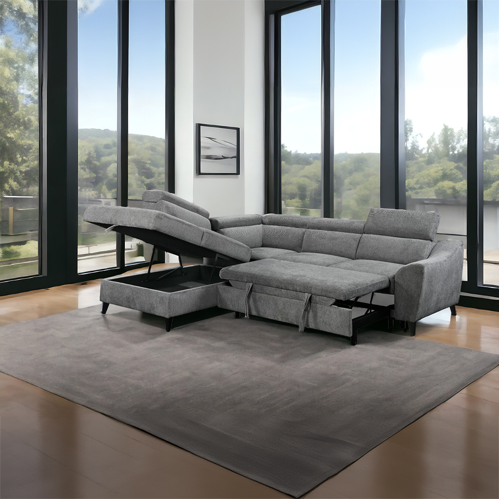 ACME - Wrenley Sectional Sofa with Sleeper & Storage in Gray Chenille