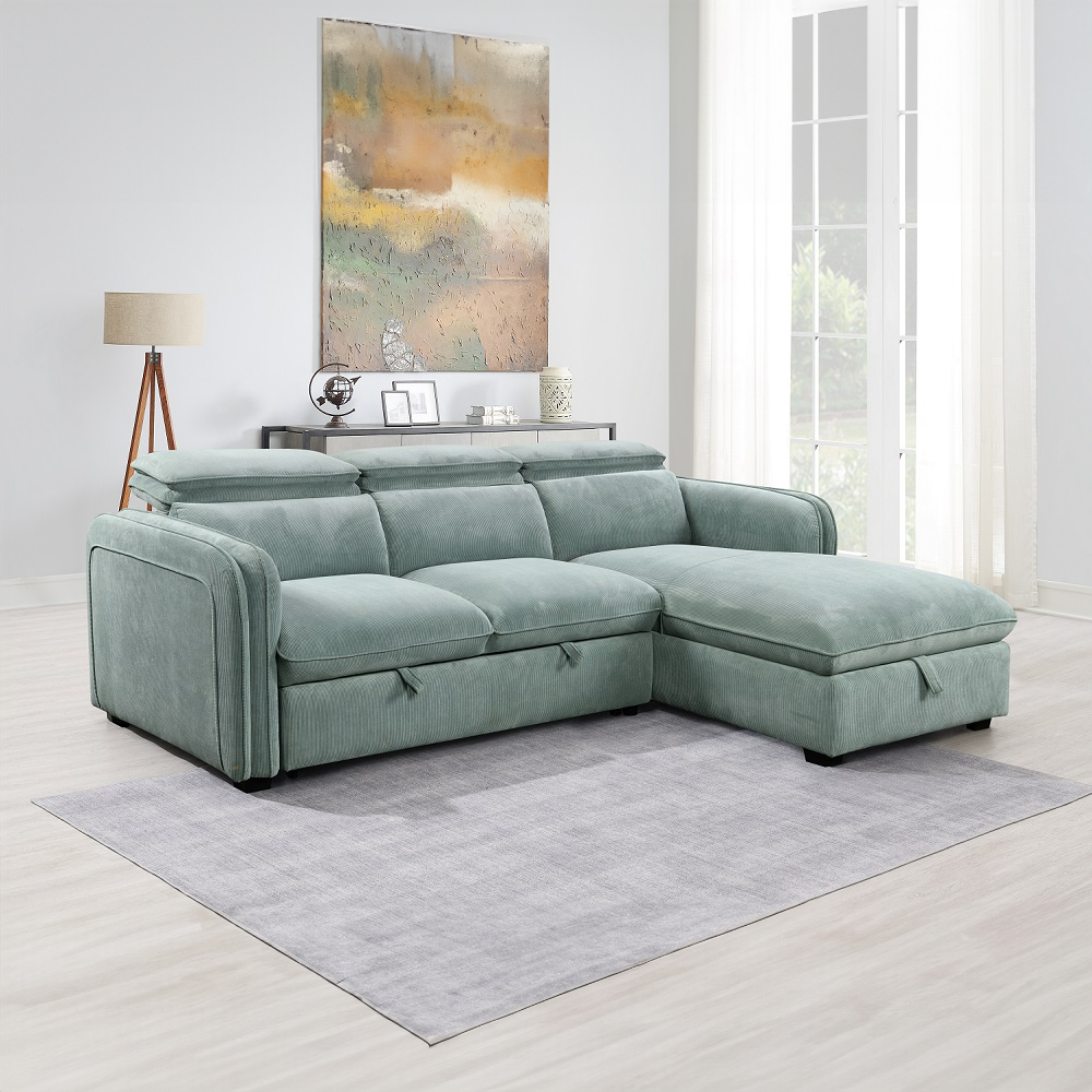 ACME - Zavala Sectional Sofa with Sleeper & Storage in Light Green Chenille