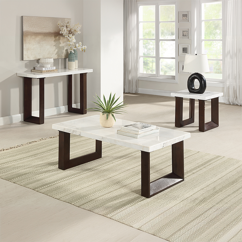 ACME - Edwyn End Table with Marble Top in White Natural Marble Top/Brown