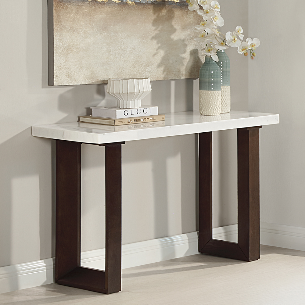 ACME - Edwyn Sofa Table with Marble Top in White Natural Marble Top/Brown