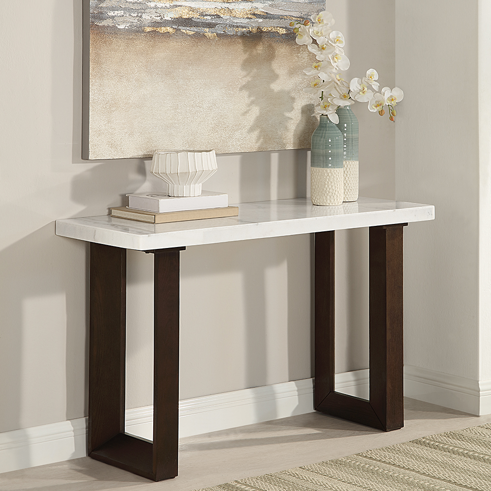 ACME - Edwyn Sofa Table with Marble Top in White Natural Marble Top/Brown