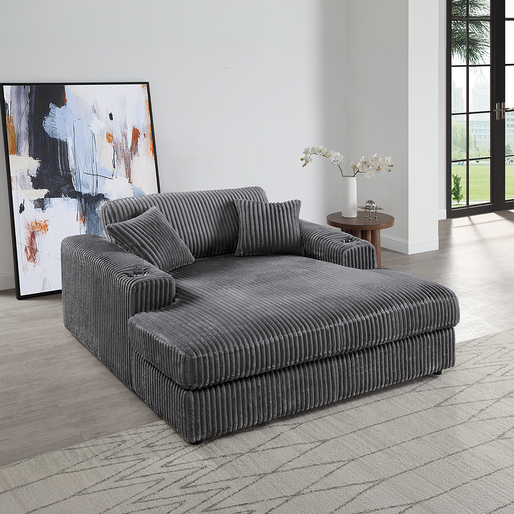 ACME™ Hilde Chaise with 2 Pillows - Gray Corduroy