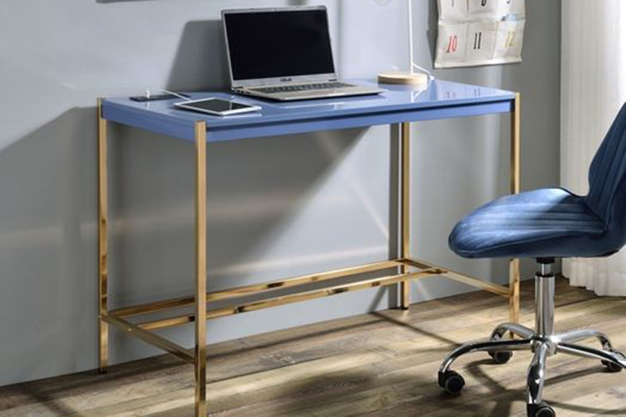 ACME Midriaks Writing Desk with USB - Navy Blue and Gold Finish