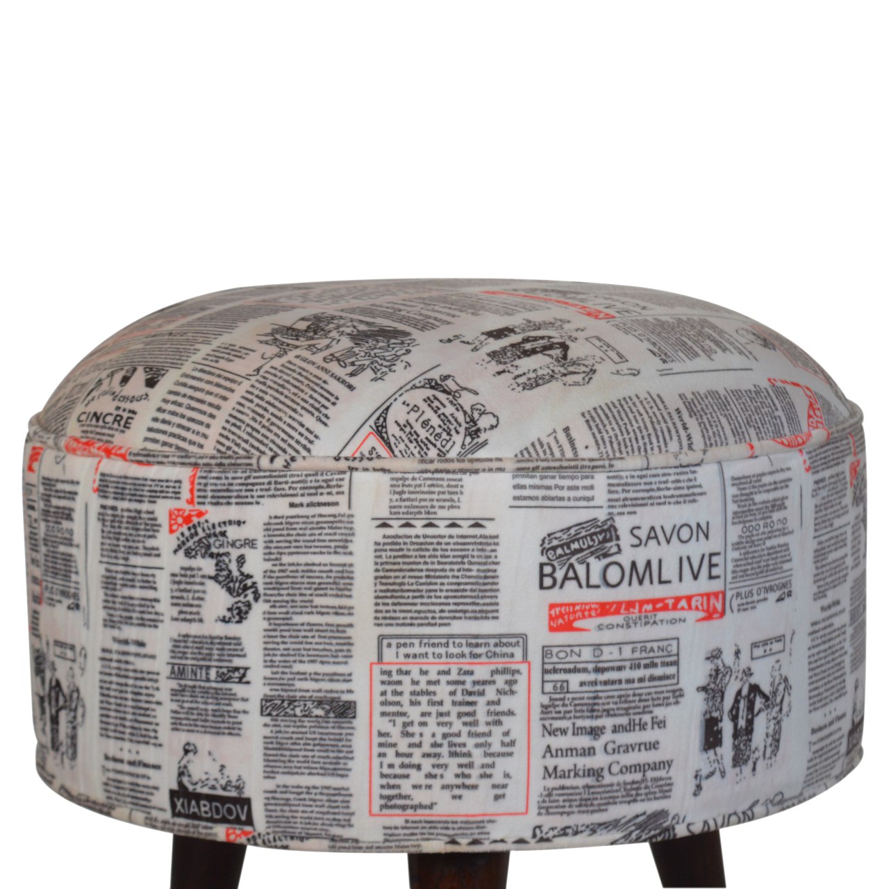 Artisan Round Footstool with News Print