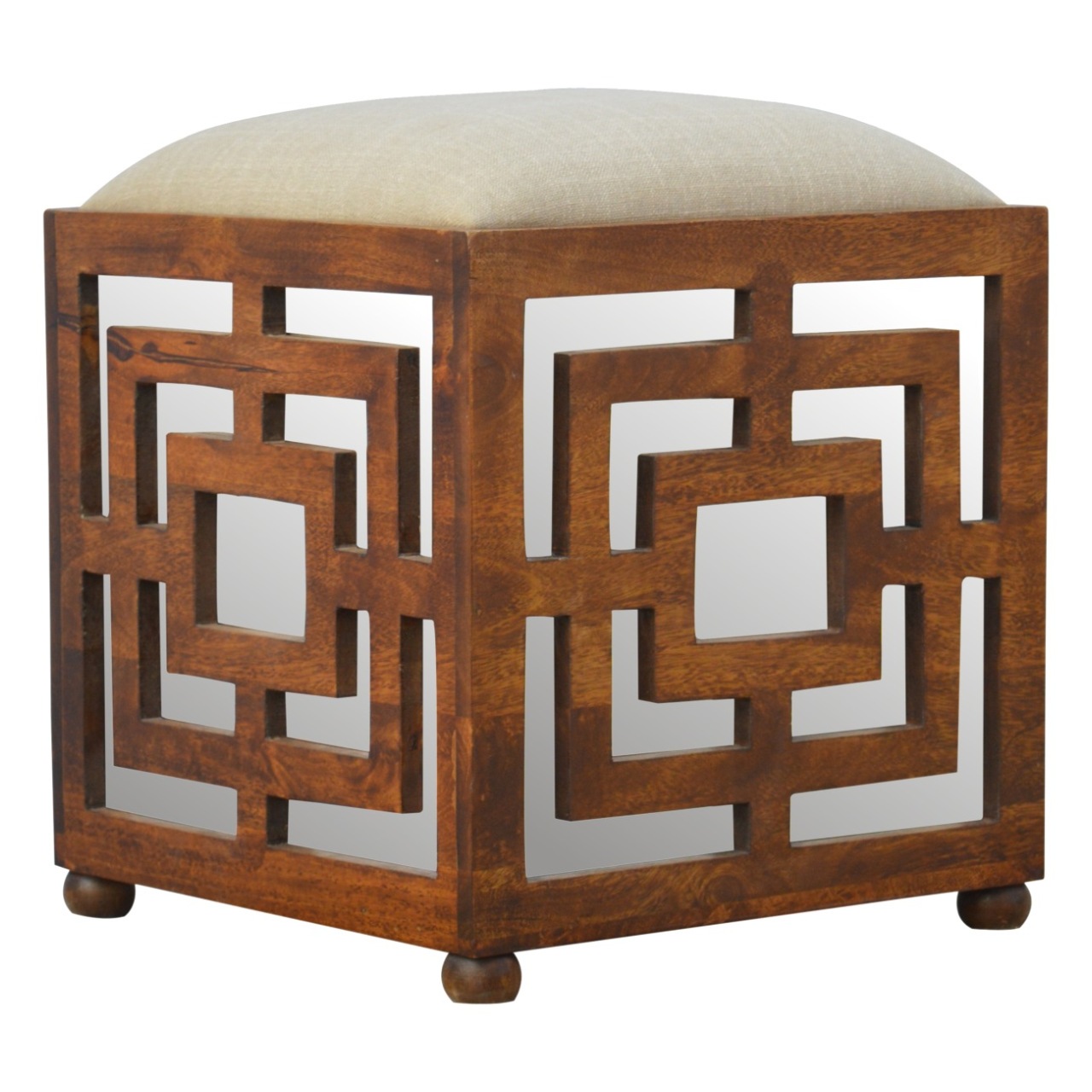 Artisan - Carved Footstool in Wood/Linen