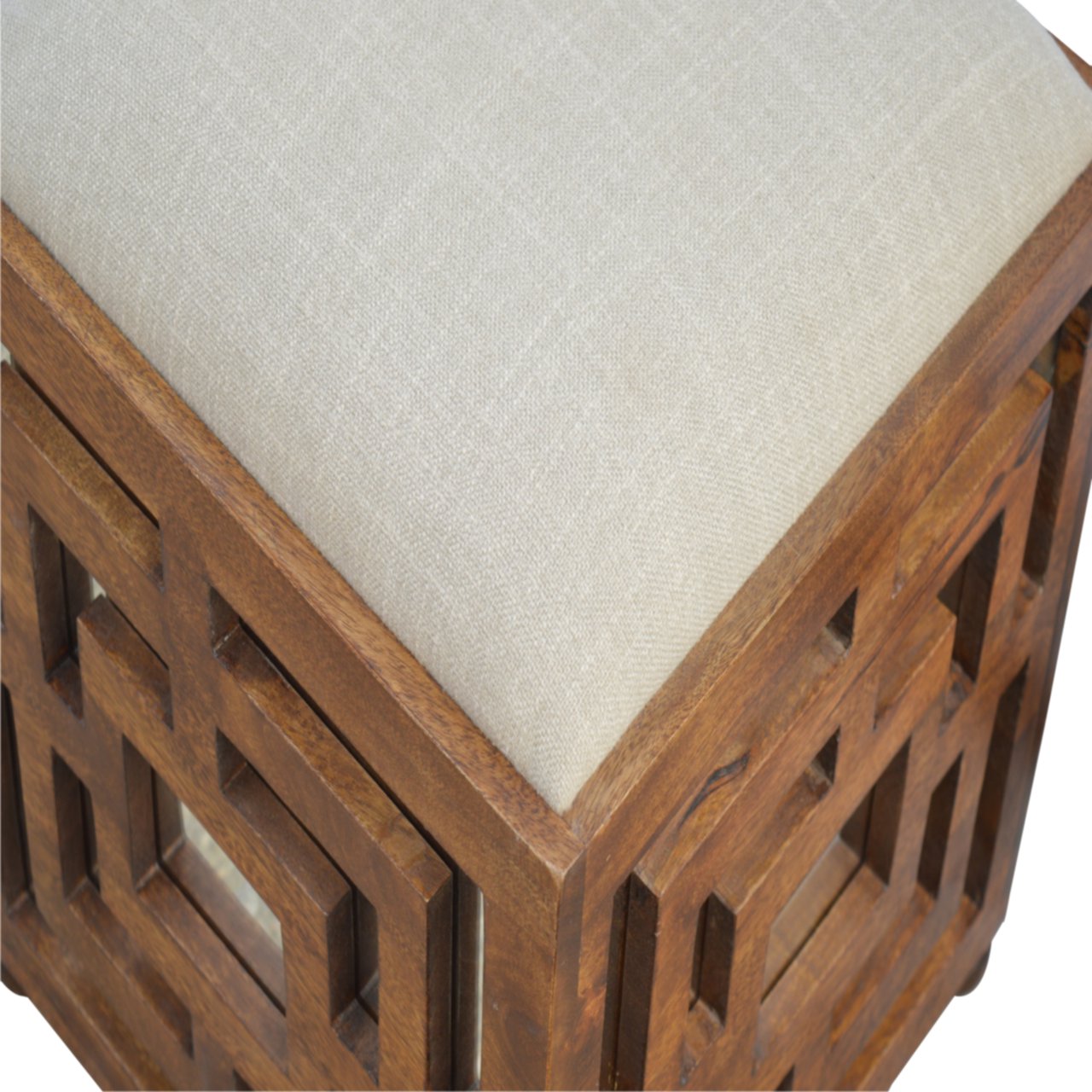 Artisan - Carved Footstool in Wood/Linen