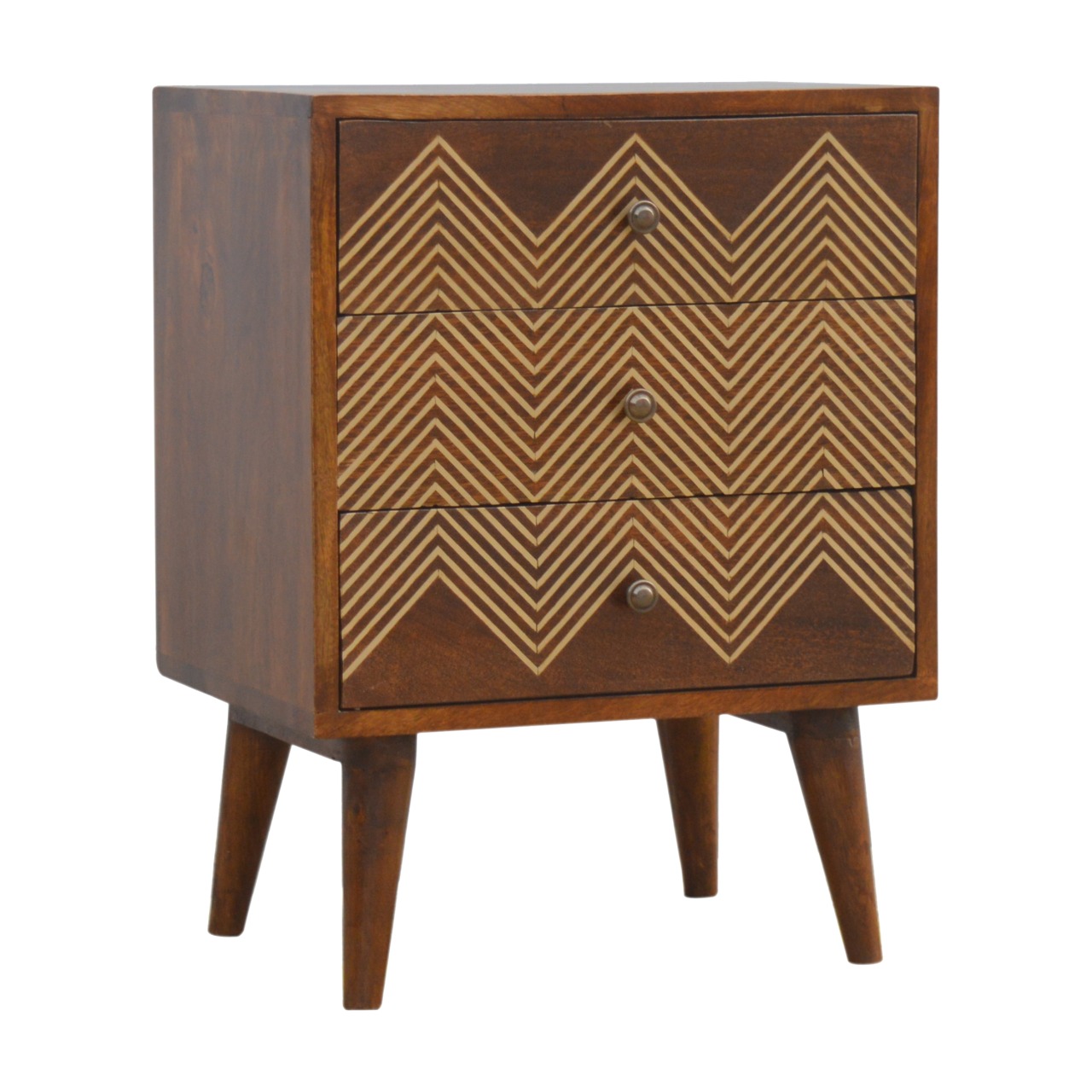 Artisan - Chevron Nightstand with 3 Drawer in Chestnut, Brass