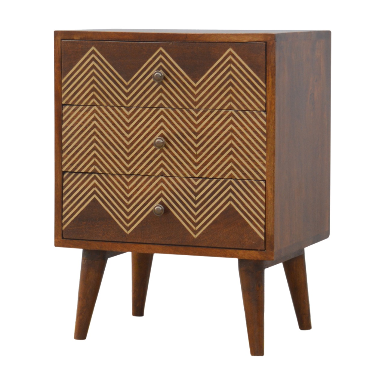 Artisan - Chevron Nightstand with 3 Drawer in Chestnut, Brass