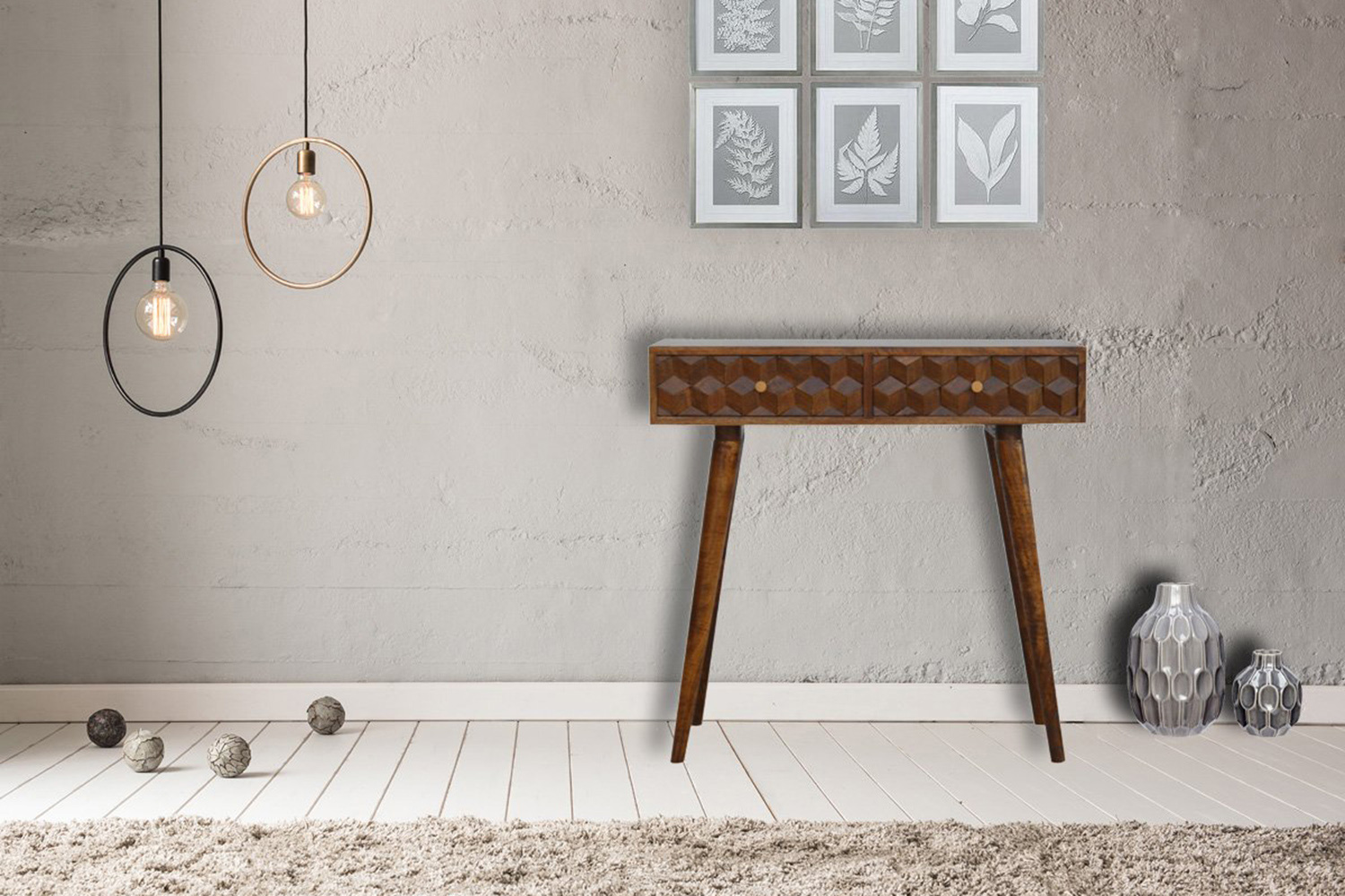 Artisan Cube Carved Console Table - Chestnut