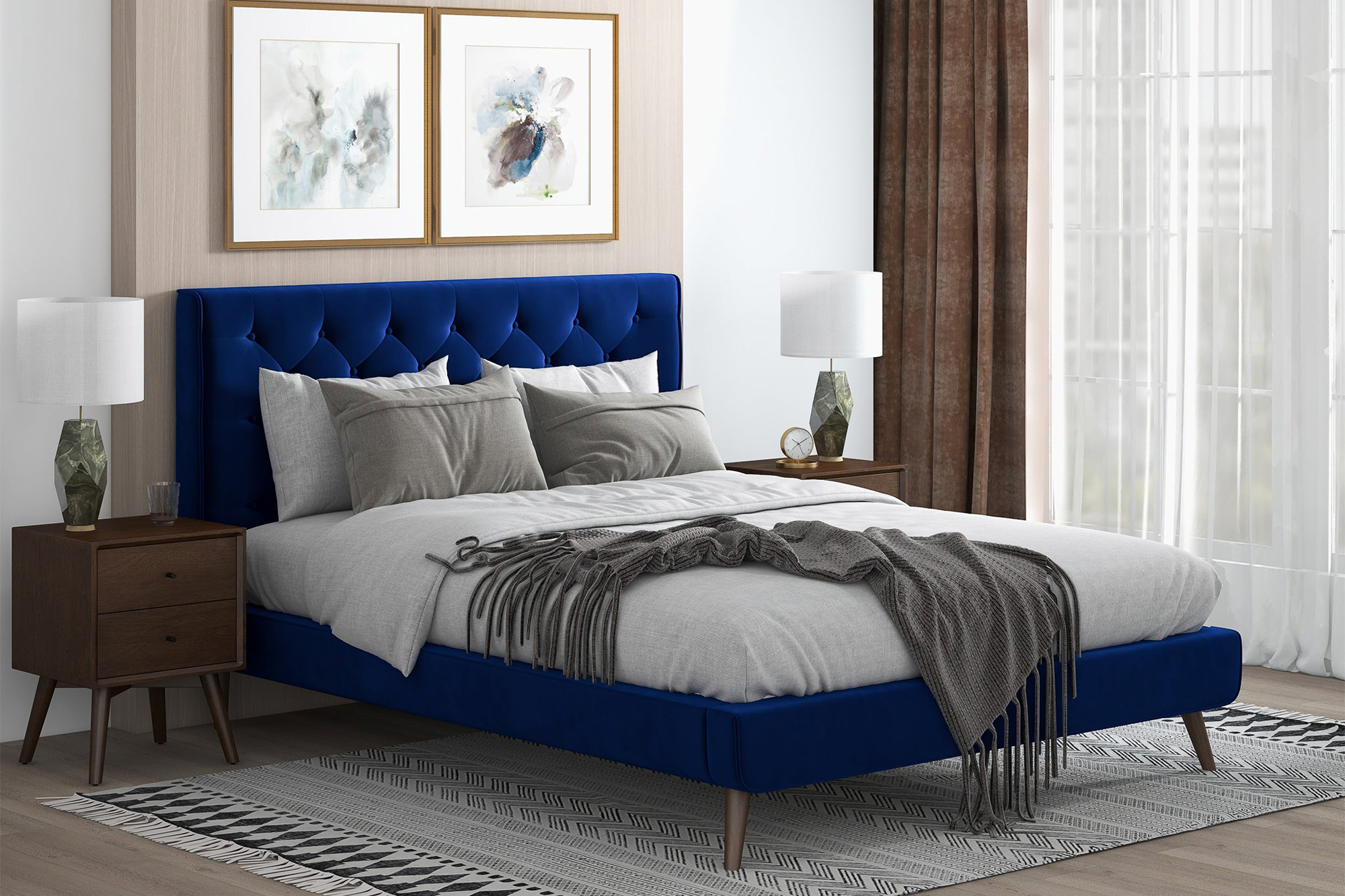 Ashcroft Dillon Velvet Platform Bed - Blue, Queen Size