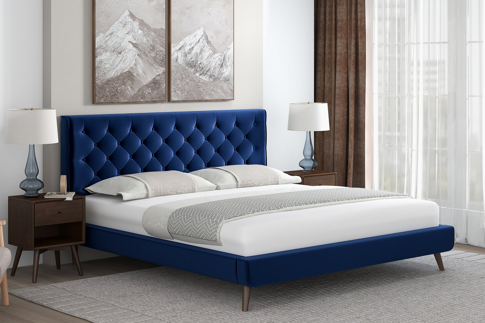 Ashcroft Dillon Velvet Platform Bed - Blue, King Size