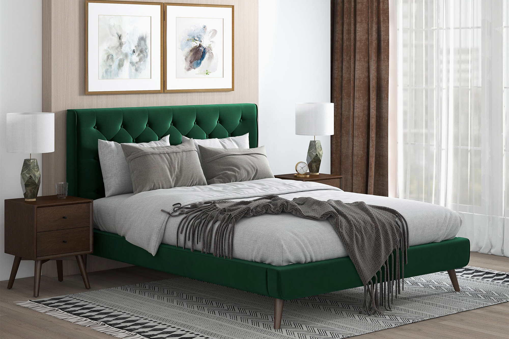 Ashcroft Dillon Velvet Platform Bed - Green, Queen Size