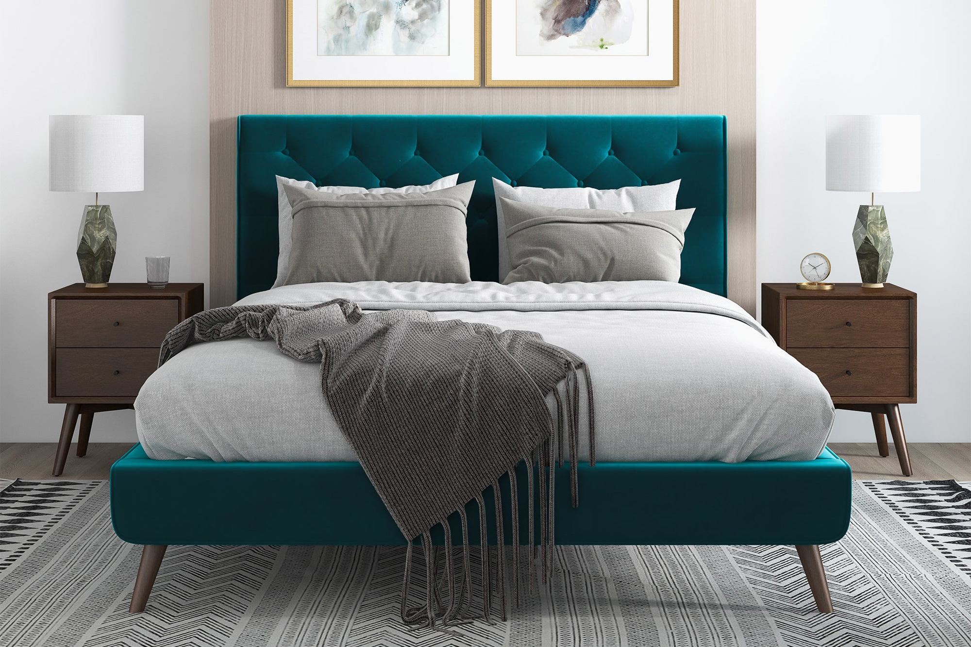 Ashcroft Dillon Velvet Platform Bed - Teal, Queen Size