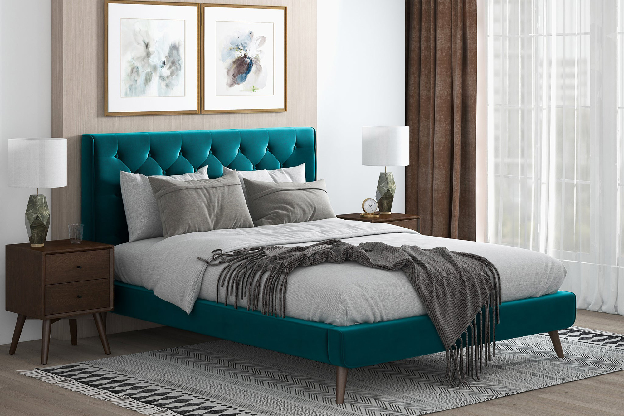 Ashcroft Dillon Velvet Platform Bed - Teal, Queen Size