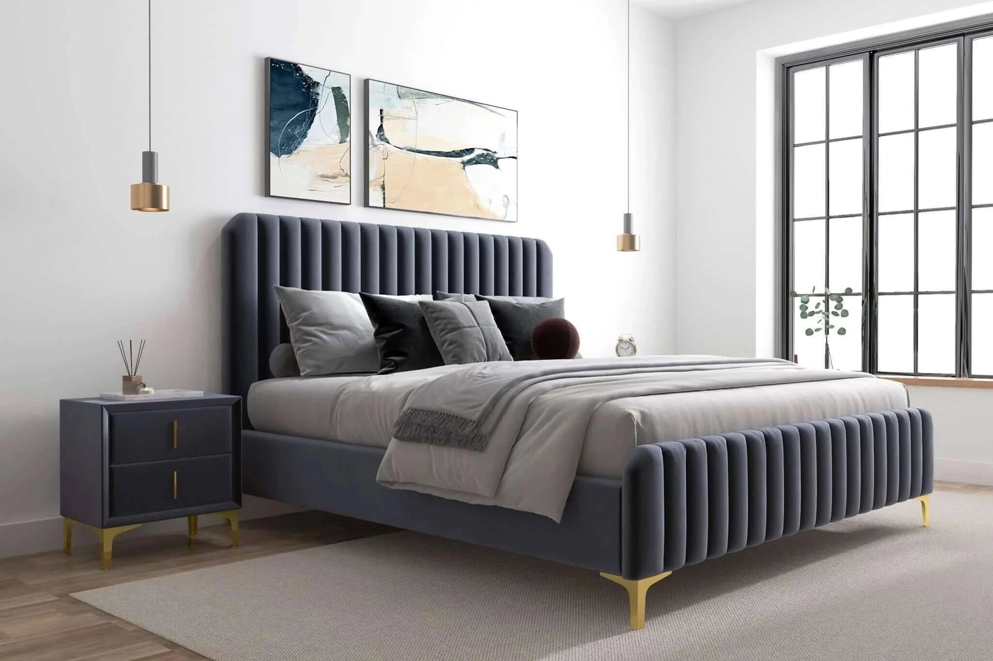 Ashcroft Bethany Velvet Upholstered Platform Bed - Gray, Queen Size