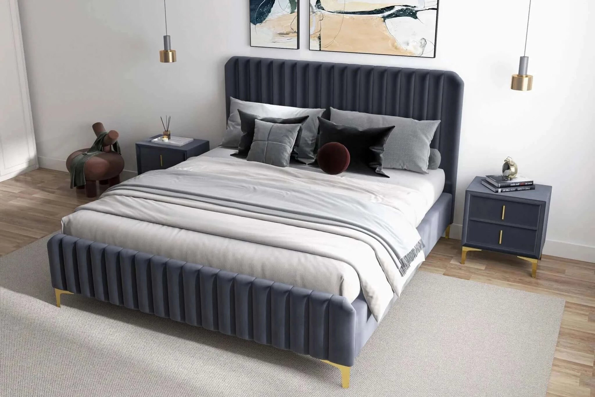 Ashcroft Bethany Velvet Upholstered Platform Bed - Gray, Queen Size