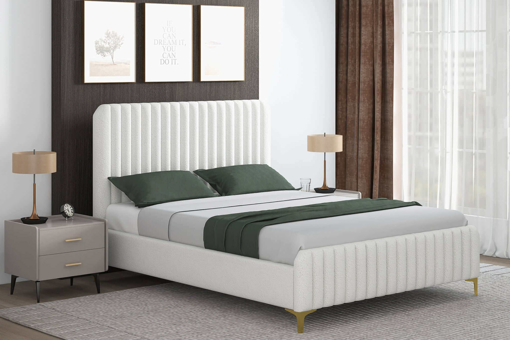 Ashcroft™ Valery Boucle Platform Bed - Cream, Queen Size