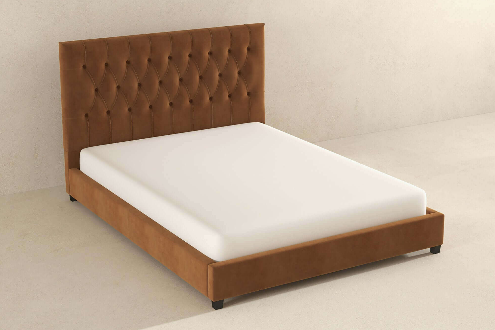 Ashcroft Donald Mid-Century Modern Velvet Platform Bed - Cognac, Queen Size