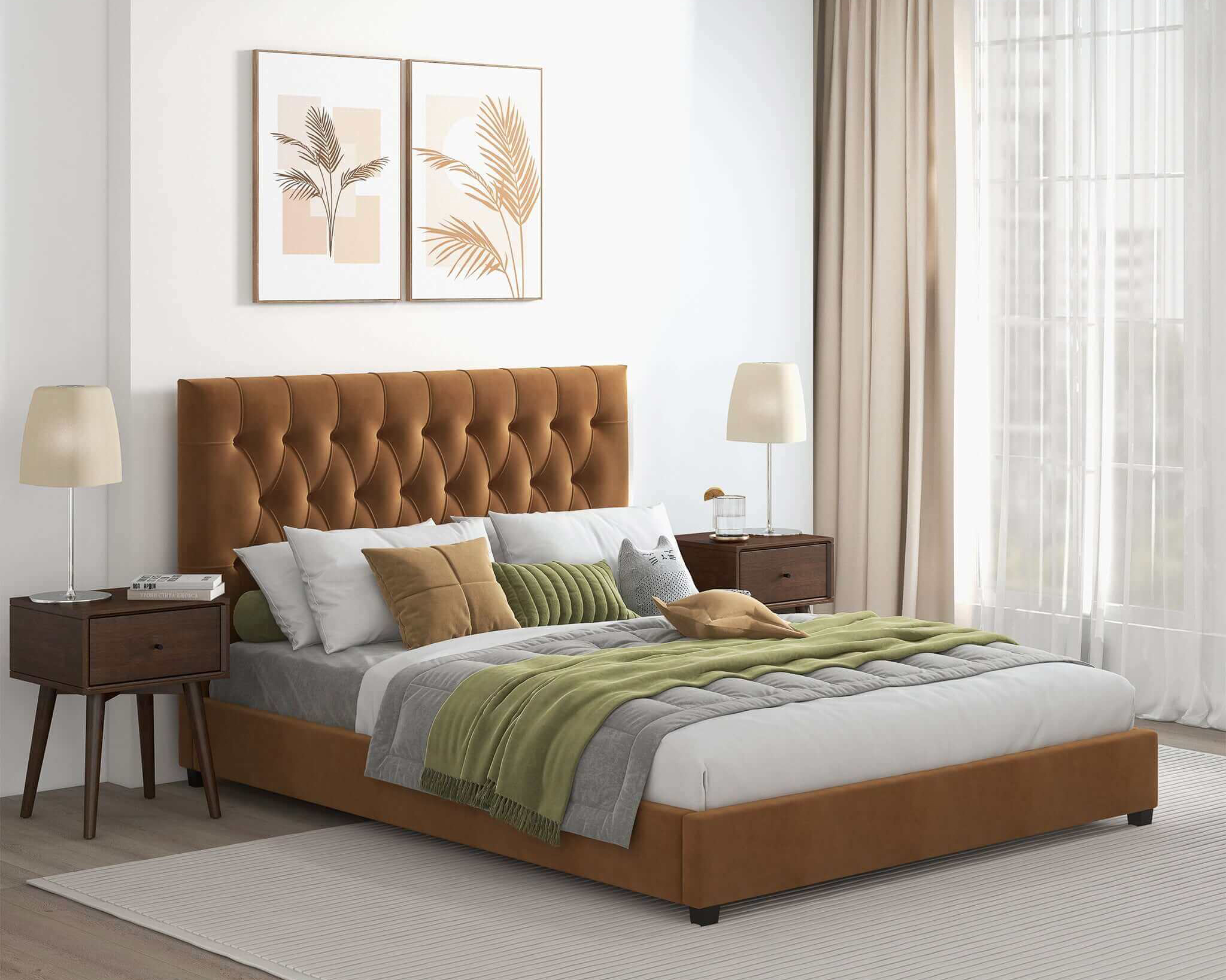 Ashcroft Donald Mid-Century Modern Velvet Platform Bed - Cognac, King Size