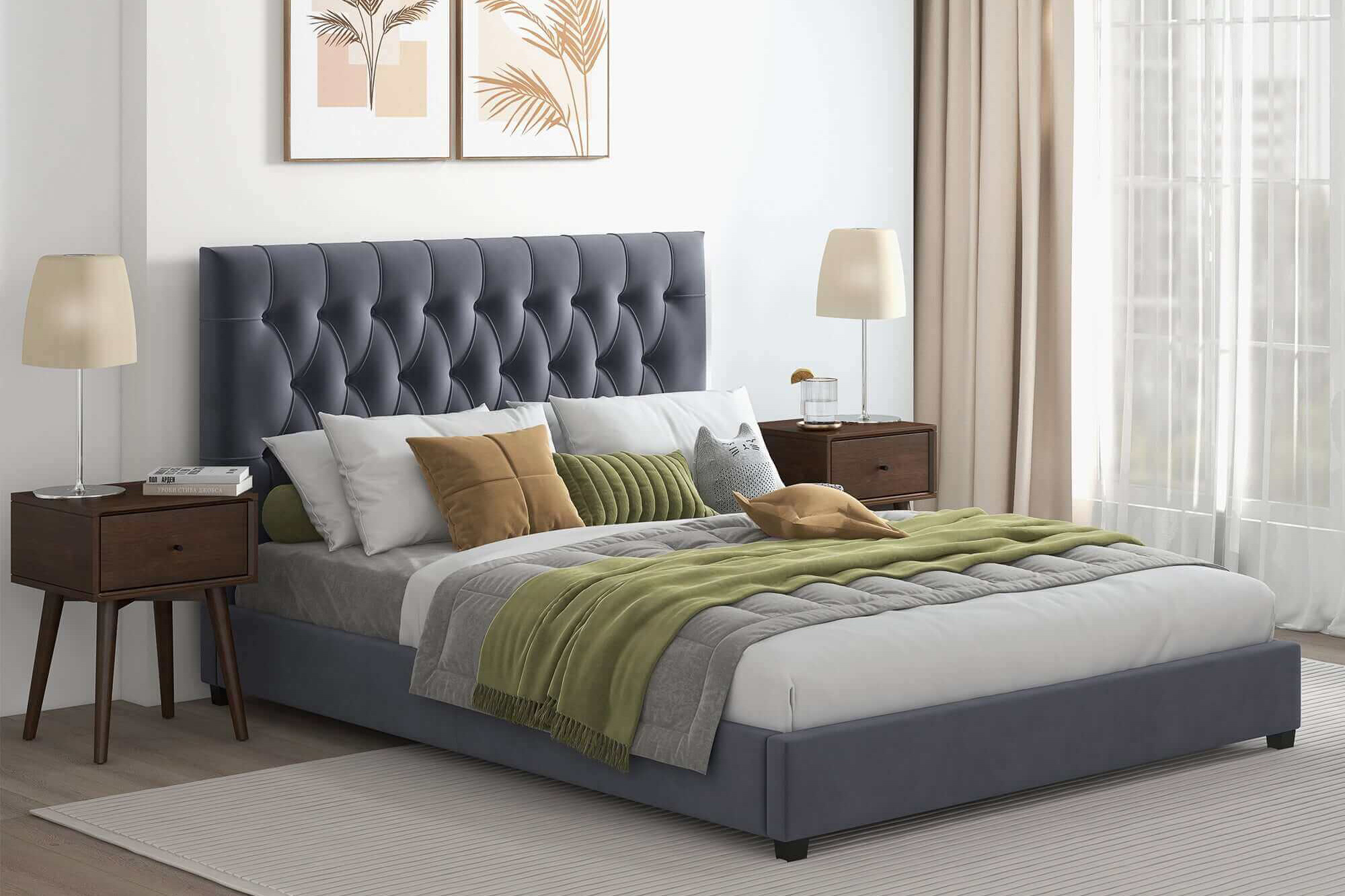 Ashcroft Donald Mid-Century Modern Velvet Platform Bed - Gray, Queen Size