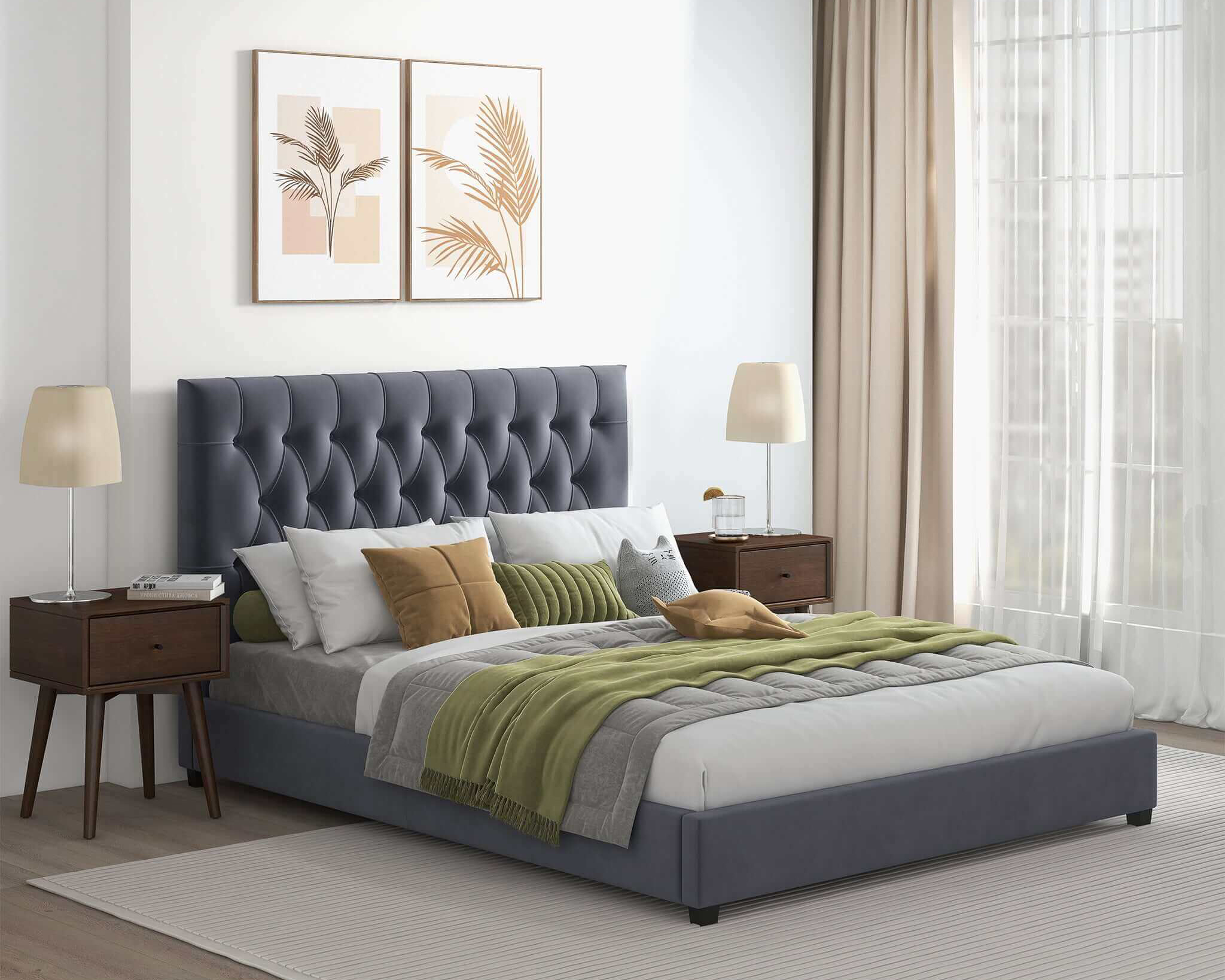 Ashcroft Donald Mid-Century Modern Velvet Platform Bed - Gray, King Size