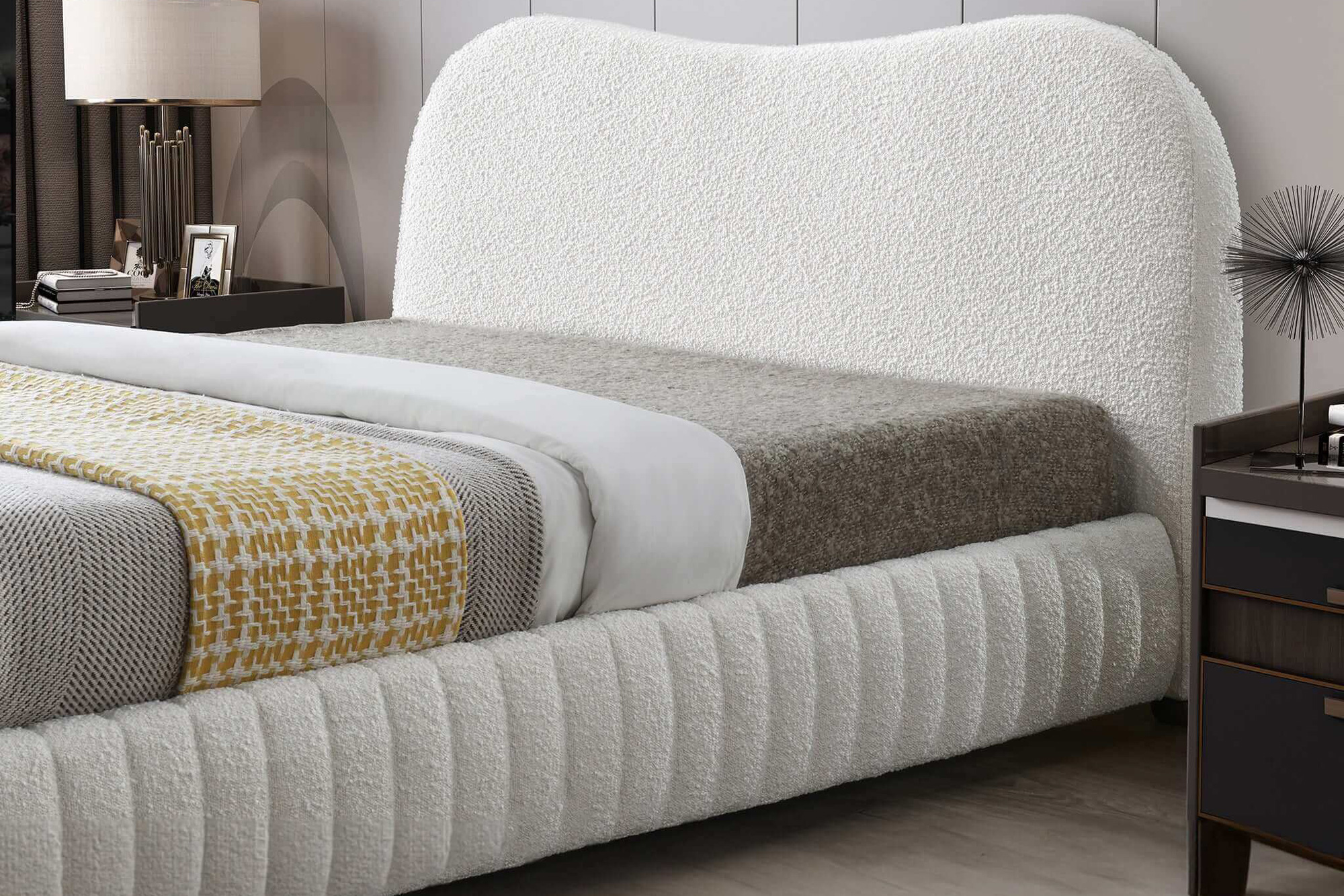 Ashcroft - Norme Boucle Upholstered Low Profile Platform Bed in Cream, Queen Size