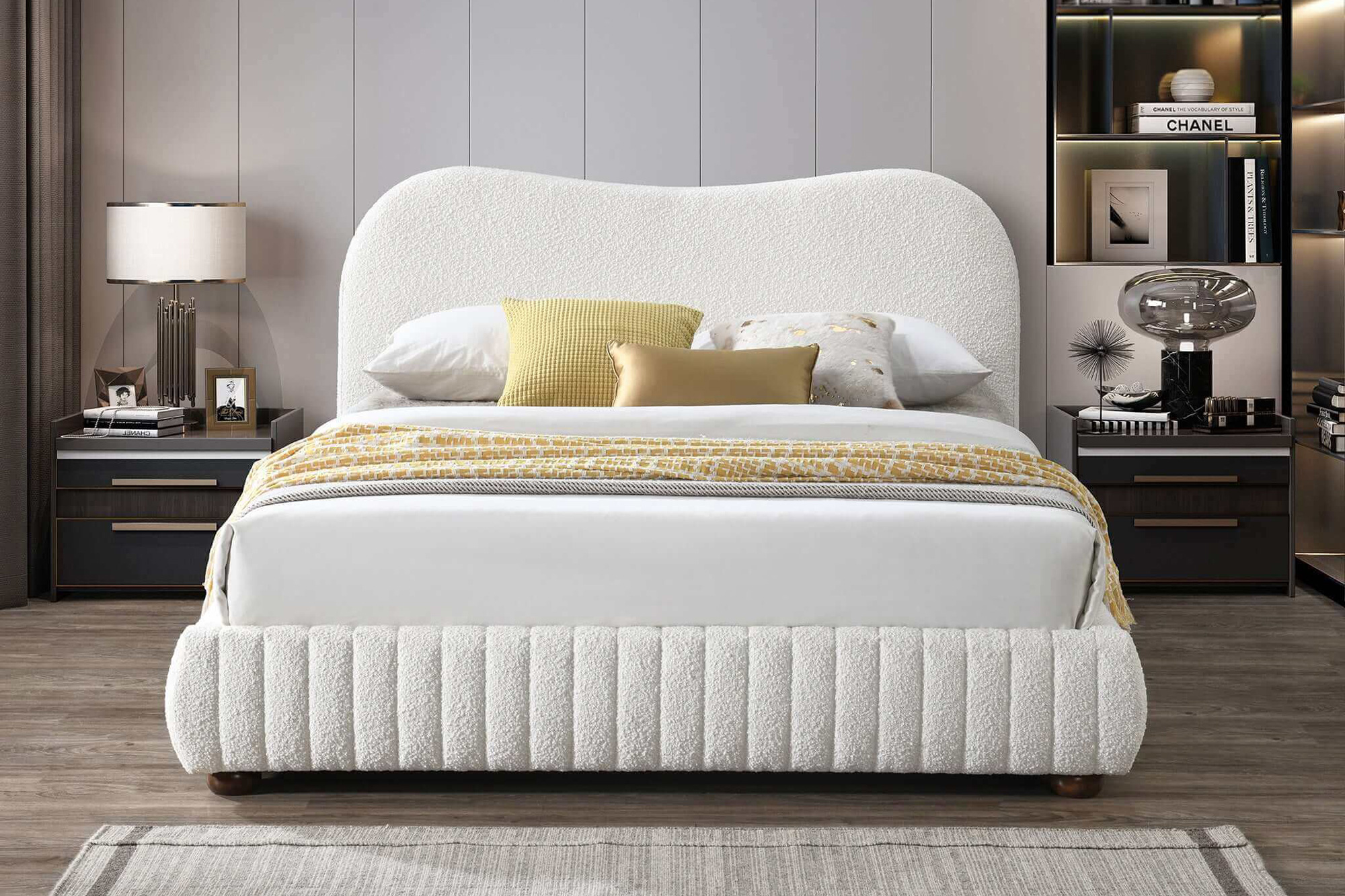 Ashcroft - Norme Boucle Upholstered Low Profile Platform Bed in Cream, Queen Size