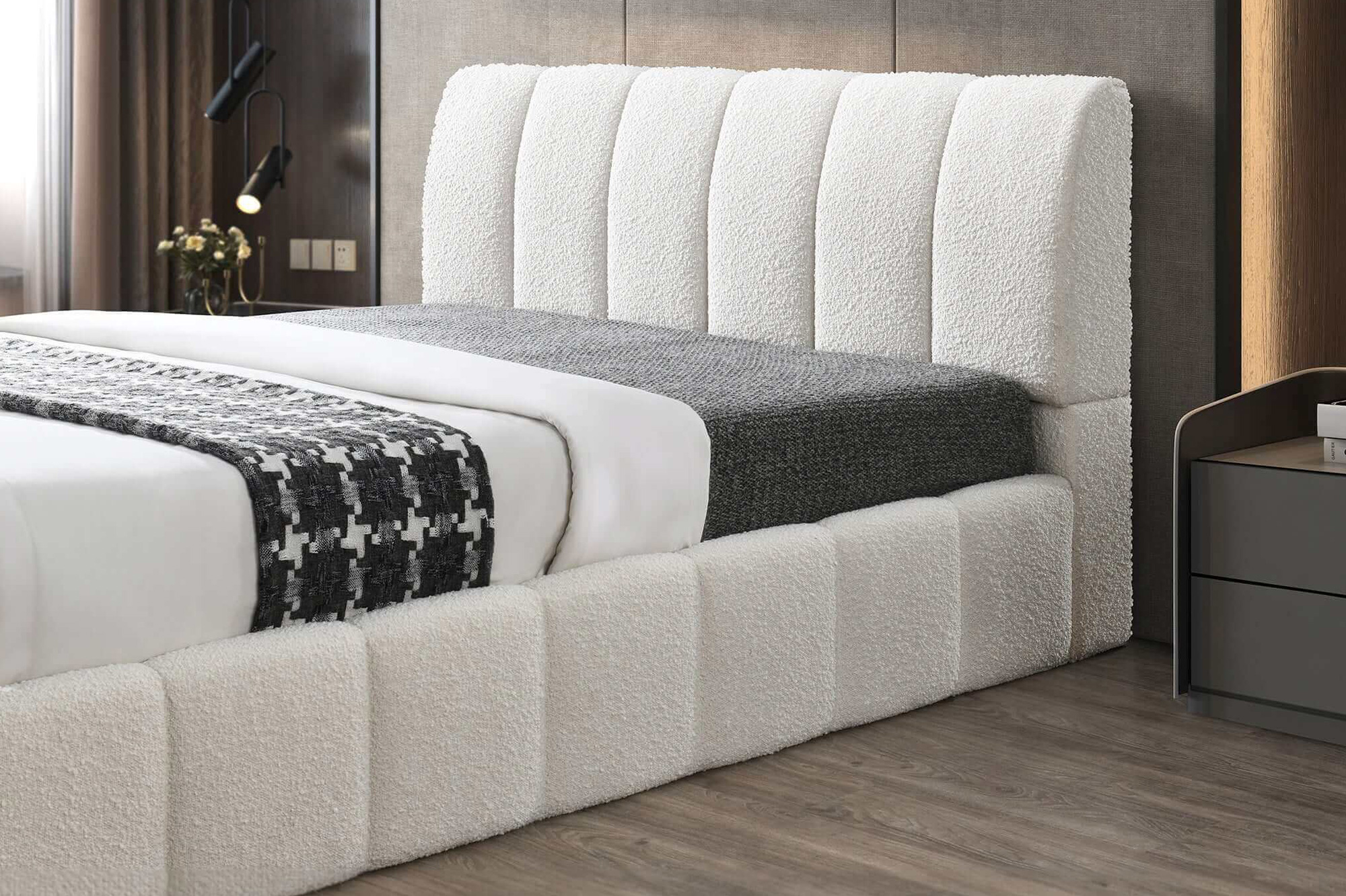 Ashcroft Hilar White Boucle Platform Bed - White, Queen Size