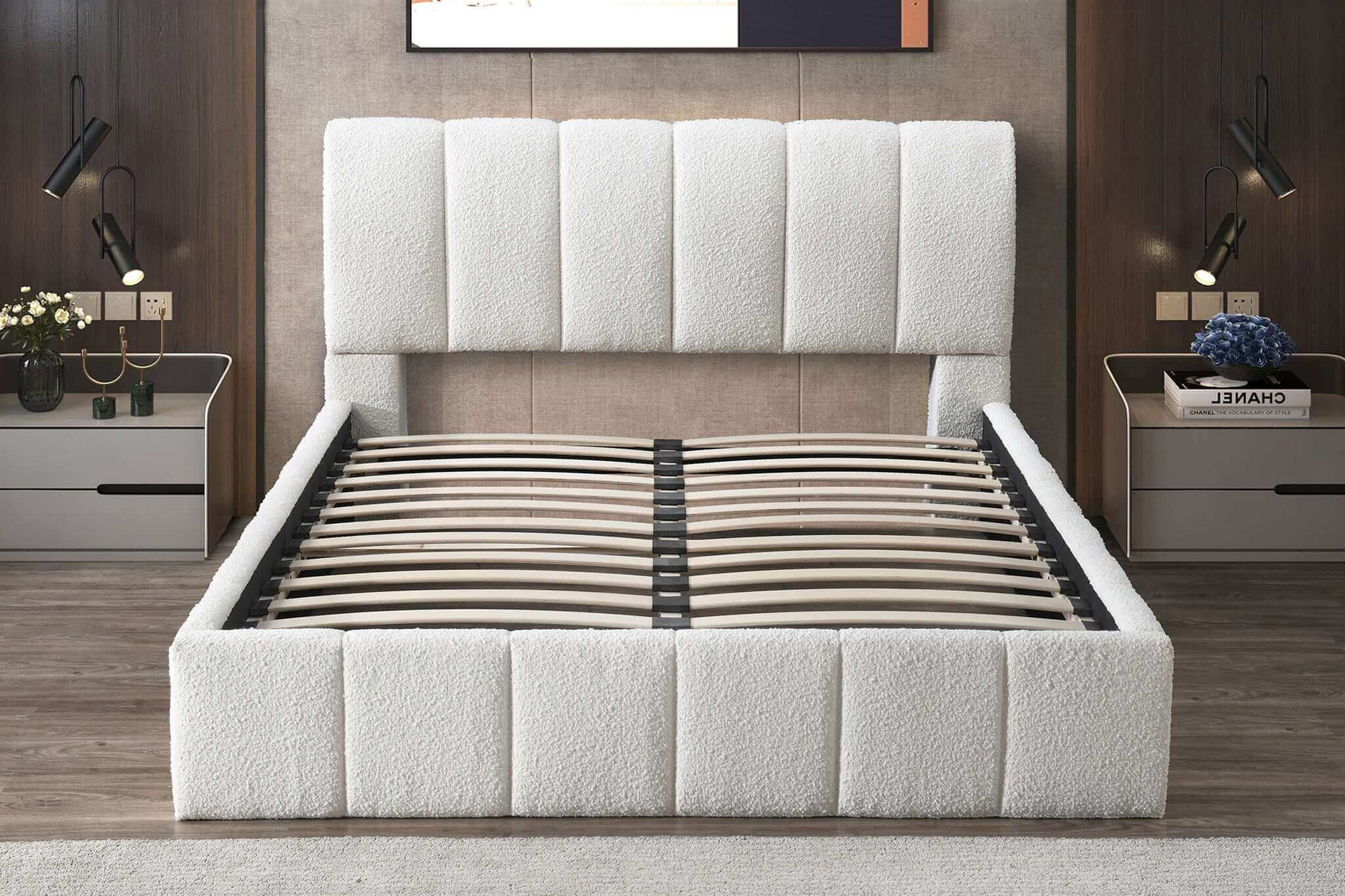 Ashcroft Hilar White Boucle Platform Bed - White, Queen Size